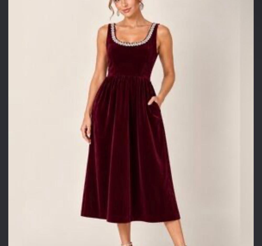 New Cider velvet rhinestone gown dress maroon burgundy sz L